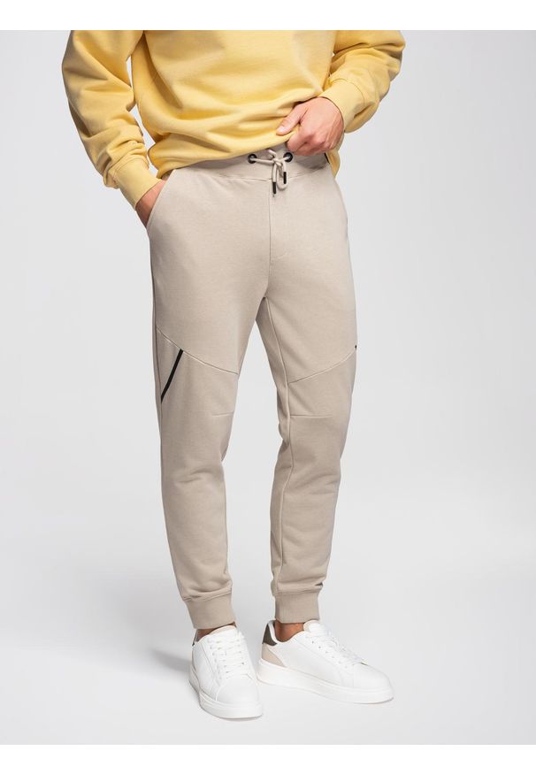 Ombre Clothing - Męskie spodnie dresowe joggery - beżowe V3 - Rozmiar: M. Okazja: na co dzień. Kolor: beżowy. Materiał: dresówka. Wzór: melanż, gładki, nadruk. Styl: casual, sportowy