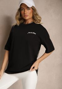 Renee - Czarny T-shirt Koszulka z Bawełny Ozdobiona Nadrukiem i Napisem Just Be There Felena. Kolor: czarny. Materiał: bawełna. Wzór: aplikacja, napisy, nadruk