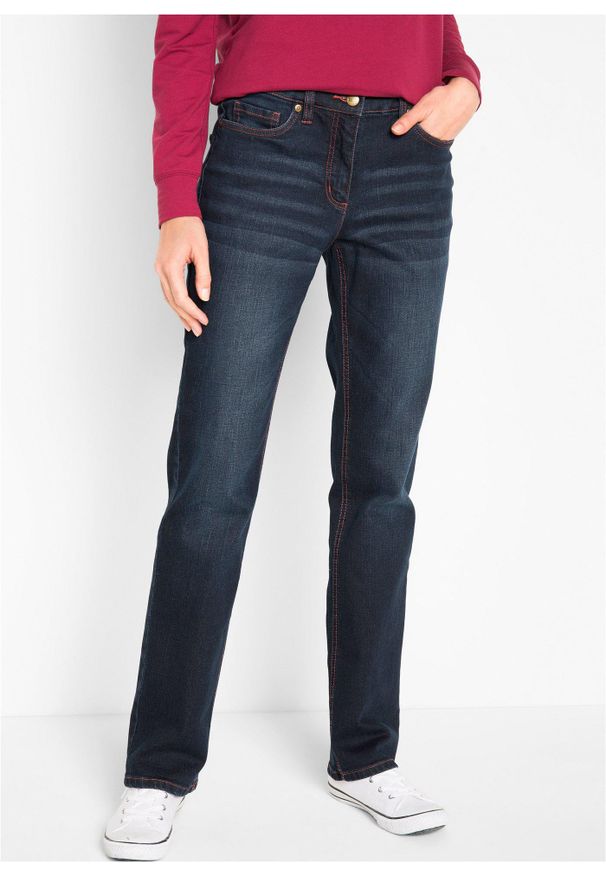 bonprix - Dżinsy straight, mid waist, z wygodnym paskiem. Kolor: niebieski