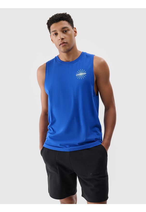 4f - 4F Tank top regular z nadrukiem męski - kobaltowy L. Kolor: niebieski. Materiał: dzianina, jersey, bawełna. Długość rękawa: bez rękawów. Wzór: nadruk