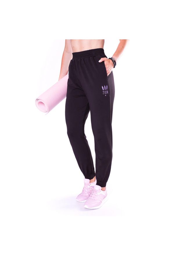 2SkIN - Czarne spodnie dresowe na siłownię z wysokim stanem damskie 2skin DEEP. Stan: podwyższony. Kolor: czarny. Materiał: bawełna, elastan. Sport: fitness