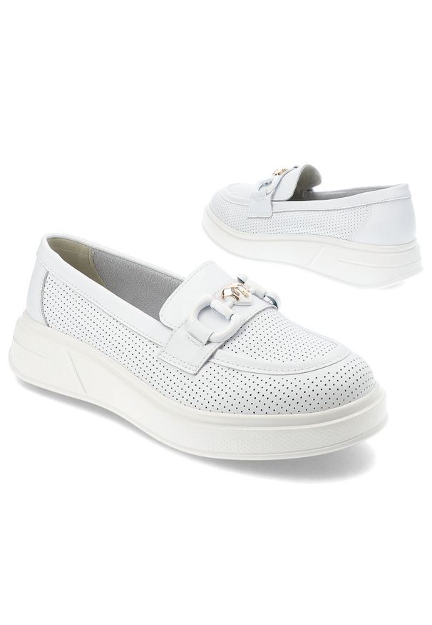 Białe Mokasyny S.Barski Modne Obuwie Damskie. Kolor: biały. Materiał: skóra. Obcas: na platformie. Styl: klasyczny, elegancki