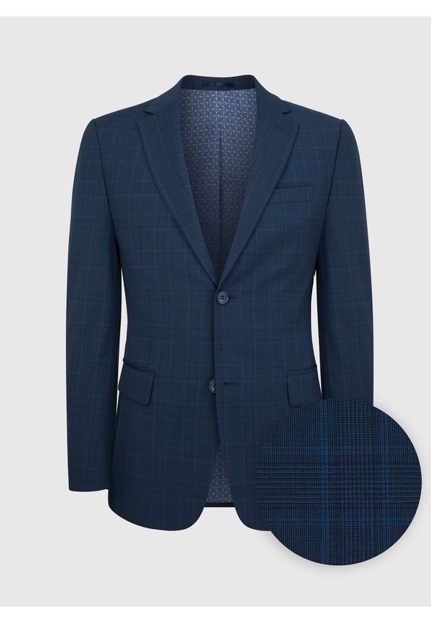 Pako Lorente - PAKO LORENTE – Granatowa marynarka garniturowa w delikatną niebieską kratkę. Okazja: na wesele, na ślub cywilny. Kolor: niebieski. Materiał: wełna. Wzór: kratka. Styl: elegancki