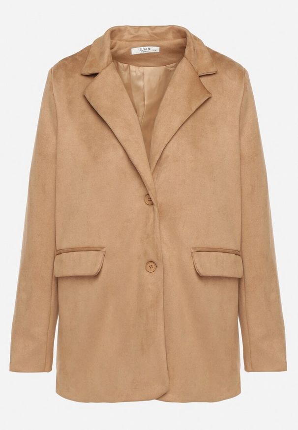 Born2be - Beżowa Marynarka Oversize z Imitacji Zamszu o Pudełkowym Kroju Alonella. Okazja: na spotkanie biznesowe, do pracy, na randkę, na co dzień. Kolor: beżowy. Materiał: zamsz. Wzór: grochy. Styl: retro, casual, klasyczny, biznesowy