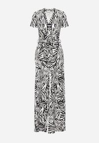 Born2be - Czarno-Biały Kombinezon o Kopertowym Kroju z Szerokimi Nogawkami Saramla. Kolor: czarny. Materiał: skóra. Styl: elegancki, sportowy, klasyczny #2