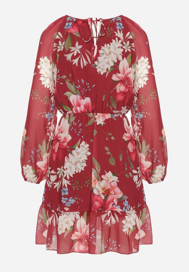 Born2be - Bordowa Sukienka o Rozkloszowanym Kroju w Kwiaty Zeramera. Okazja: na co dzień. Kolor: czerwony. Materiał: wiskoza. Długość rękawa: długi rękaw. Wzór: kwiaty. Typ sukienki: rozkloszowane. Styl: casual