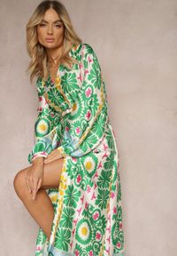 Renee - Zielona Pudełkowa Sukienka z Satynowej Tkaniny w Ornamentalny Wzór Allilena. Kolor: zielony. Materiał: satyna, tkanina #1