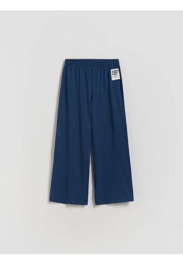 Reserved - Dresowe spodnie wide leg - granatowy. Kolor: niebieski. Materiał: dresówka
