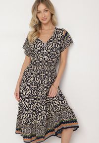 Born2be - Granatowa Bawełniana Sukienka z Guzikami i Ornamentnym Wzorem Zisselle. Kolor: niebieski. Materiał: bawełna #1