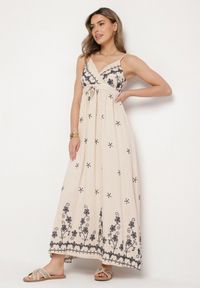 Born2be - Jasnobeżowa Sukienka z Wiskozy Ozdobiona Haftami Lunireia. Okazja: na co dzień. Typ kołnierza: dekolt w kształcie V. Kolor: beżowy. Materiał: wiskoza. Długość rękawa: na ramiączkach. Wzór: haft, aplikacja. Typ sukienki: proste. Styl: casual #7