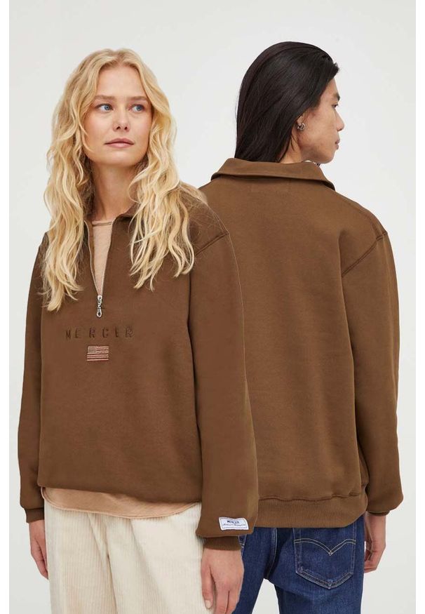 Mercer Amsterdam bluza bawełniana kolor brązowy z aplikacją. Kolor: brązowy. Materiał: bawełna. Długość: krótkie. Wzór: aplikacja