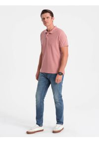 Ombre Clothing - Koszulka męska polo z dzianiny pique - różowy V7 S1374 - XXL. Typ kołnierza: polo. Kolor: różowy. Materiał: dzianina. Wzór: haft. Styl: klasyczny