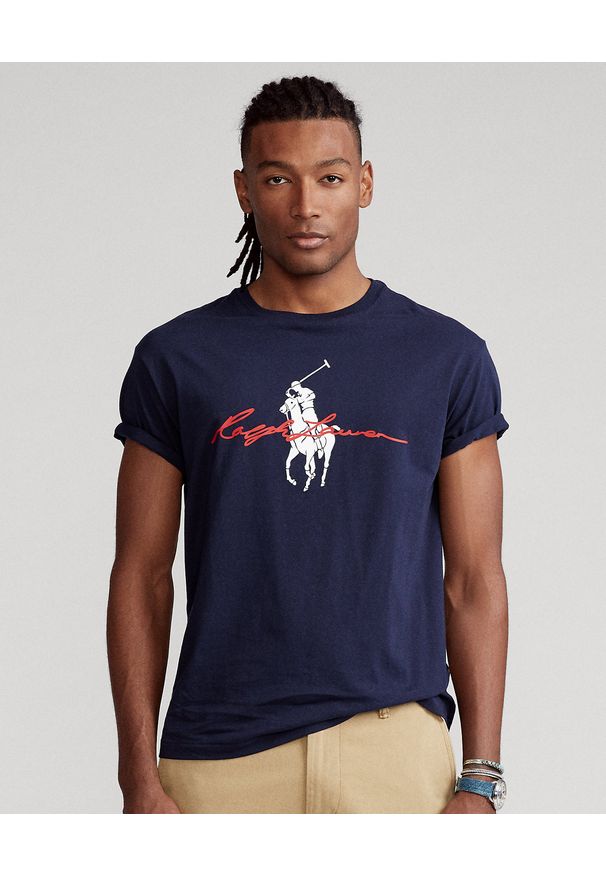 Ralph Lauren - RALPH LAUREN - Granatowy t-shirt Big Pony Custom Fit. Typ kołnierza: polo. Kolor: niebieski. Materiał: bawełna. Wzór: nadruk