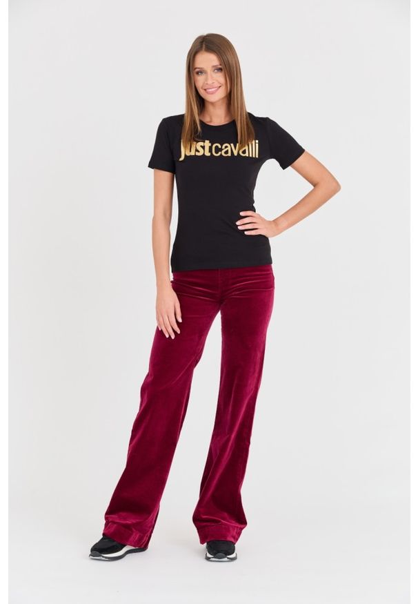 Just Cavalli - JUST CAVALLI Czarny damski t-shirt Logo Gold, Rozmiar S. Kolor: czarny