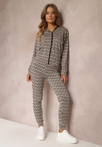 Renee - Beżowy 2-częściowy Komplet Dresowy z Bluzą i Spodniami Agasima. Kolor: beżowy. Materiał: dresówka. Wzór: geometria #2