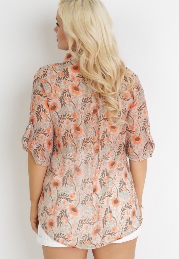 Born2be - Pomarańczowo-Beżowa Koszula w Kwiaty z Podpinanymi Rękawami 3/4 Rosedris. Kolor: pomarańczowy. Wzór: kwiaty