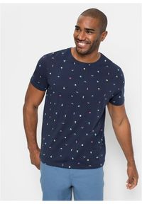 bonprix - T-shirt z czystej bawełny. Kolor: niebieski. Materiał: bawełna. Wzór: aplikacja, nadruk