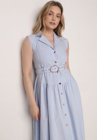 Born2be - Niebieska Koszulowa Sukienka Bez Rękawów z Wiskozy i Bawełny z Paskiem Suranon. Okazja: na co dzień, do pracy. Kolor: niebieski. Materiał: wiskoza, bawełna. Długość rękawa: bez rękawów. Typ sukienki: koszulowe. Styl: casual, klasyczny, elegancki #5
