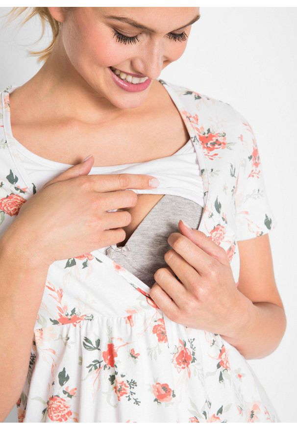 bonprix - Shirt 2 w 1 ciążowy i do karmienia piersią, z bawełny organicznej. Kolekcja: moda ciążowa. Kolor: biały. Materiał: materiał, bawełna. Wzór: gładki, kwiaty