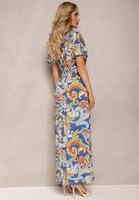 Renee - Niebieska Rozkloszowana Sukienka z Bawełny o Kopertowym Kroju w Print Paisley Piavella. Okazja: na co dzień. Kolor: niebieski. Materiał: bawełna. Wzór: paisley, nadruk. Typ sukienki: kopertowe. Styl: elegancki, casual #5