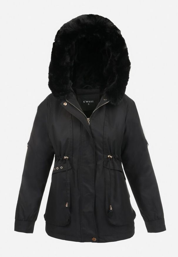 Born2be - Czarna Kurtka Nylonowa Parka z Odpinanym Futerkiem Beaten. Kolor: czarny. Materiał: futro, nylon. Wzór: aplikacja, paski