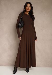 Renee - Brązowa Rozkloszowana Sukienka z Bawełny Tusmala. Okazja: na co dzień. Kolor: brązowy. Materiał: bawełna. Typ sukienki: proste. Styl: casual, elegancki #3