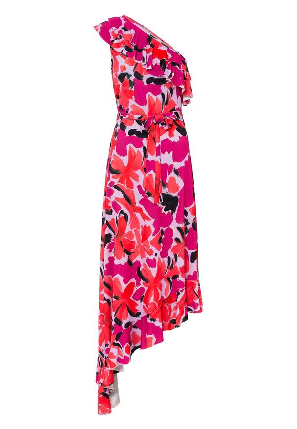 Sukienka one-shoulder bonprix różowo-jasny lila w kwiaty. Kolor: różowy. Wzór: kwiaty. Sezon: lato. Typ sukienki: asymetryczne