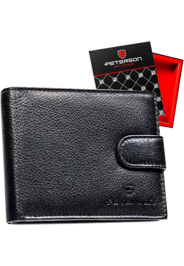 Klasyczny, czarny portfel męski ze skóry naturalnej zamykany zatrzaskiem - Peterson. Kolor: czarny. Materiał: skóra