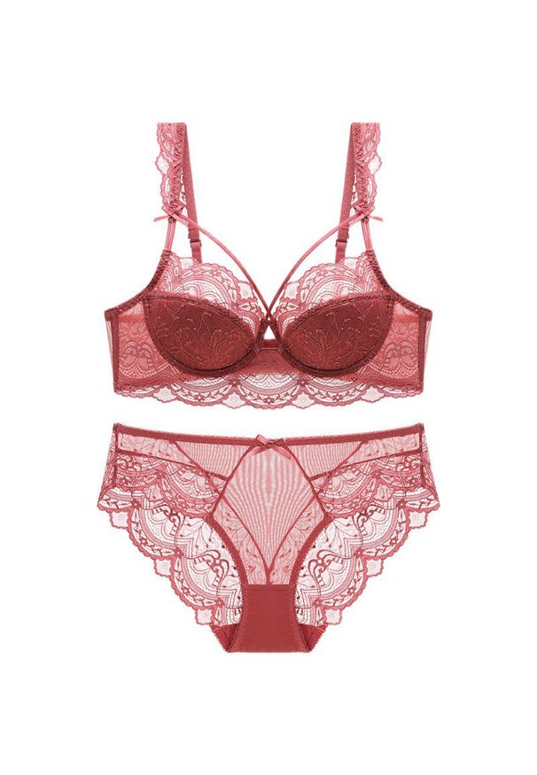 Intica - Zestaw bielizny koronkowej z figami regulowanymi Birga. Kolor: czerwony. Materiał: koronka. Wzór: koronka