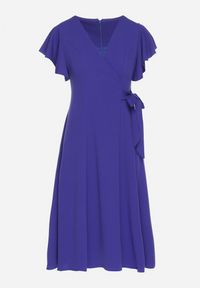 Born2be - Niebieska Rozkloszowana Sukienka Kopertowa z Wiązaniem w Talii Dannila. Kolor: niebieski. Wzór: aplikacja. Typ sukienki: kopertowe #8