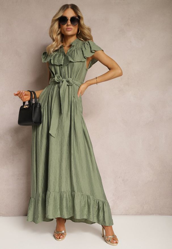 Renee - Zielona Sukienka z Materiałowym Paskiem i Wiskozą Wykończona Guzikami i Falbanką Hanesi. Okazja: na co dzień. Kolor: zielony. Materiał: wiskoza, materiał. Styl: casual, elegancki