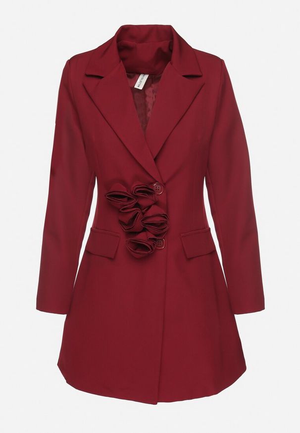 Born2be - Bordowa Sukienka Marynarka z Kwiatami 3D i Usztywnioną Linią Ramion Nelailis. Okazja: na co dzień. Kolor: czerwony. Wzór: kwiaty. Typ sukienki: proste. Styl: glamour, casual, elegancki