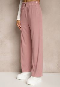 Renee - Różowe Spodnie High Waist o Fasonie Paper Bag z Gumką w Talii Lunalitia. Okazja: na co dzień. Stan: podwyższony. Kolor: różowy. Wzór: aplikacja. Styl: elegancki, casual #3