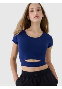 4f - T-shirt crop top gładki damski - granatowy. Okazja: na co dzień. Kolor: niebieski. Materiał: jersey, materiał, bawełna, elastan, dzianina. Długość rękawa: krótki rękaw. Długość: krótkie. Wzór: gładki. Styl: sportowy, casual #2