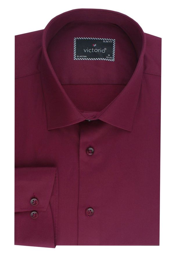 Elegancka, Męska Koszula, Taliowany Krój - Victorio - Bordowa. Kolor: czerwony. Materiał: bawełna, poliester, elastan. Styl: elegancki