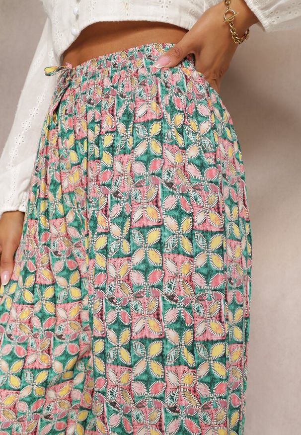 Renee - Zielono-Różowe Wiskozowe Spodnie High Waist Szerokie z Gumką w Pasie i Kieszeniami Aizha. Stan: podwyższony. Kolor: zielony. Materiał: wiskoza