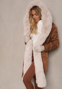 Renee - Brązowa Ocieplana Kurtka Parka z Kapturem i Ściągaczem w Pasie Semilaura. Okazja: na co dzień. Typ kołnierza: kaptur. Kolor: brązowy. Materiał: jeans, futro. Długość rękawa: długi rękaw. Długość: długie. Styl: klasyczny, casual, elegancki