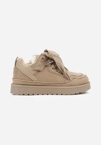 Born2be - Beżowe Sneakersy Śniegowce z Ocieplaną Wyściółką i Szerokimi Sznurówkami Naleia. Okazja: na uczelnię. Zapięcie: sznurówki. Kolor: beżowy. Materiał: jeans. Styl: sportowy, elegancki