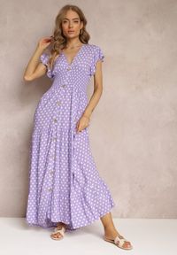 Renee - Fioletowa Rozkloszowana Sukienka Maxi w Kropki z Gumką w Talii Janey. Okazja: na co dzień, na imprezę. Kolor: fioletowy. Wzór: kropki. Styl: casual. Długość: maxi #5