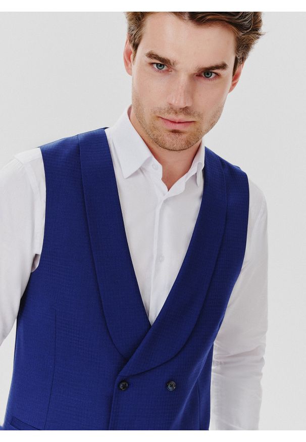 Pako Lorente - PAKO LORENTE – Granatowa dwurzędowa kamizelka męska. Kolor: niebieski. Materiał: wełna, elastan. Wzór: gładki