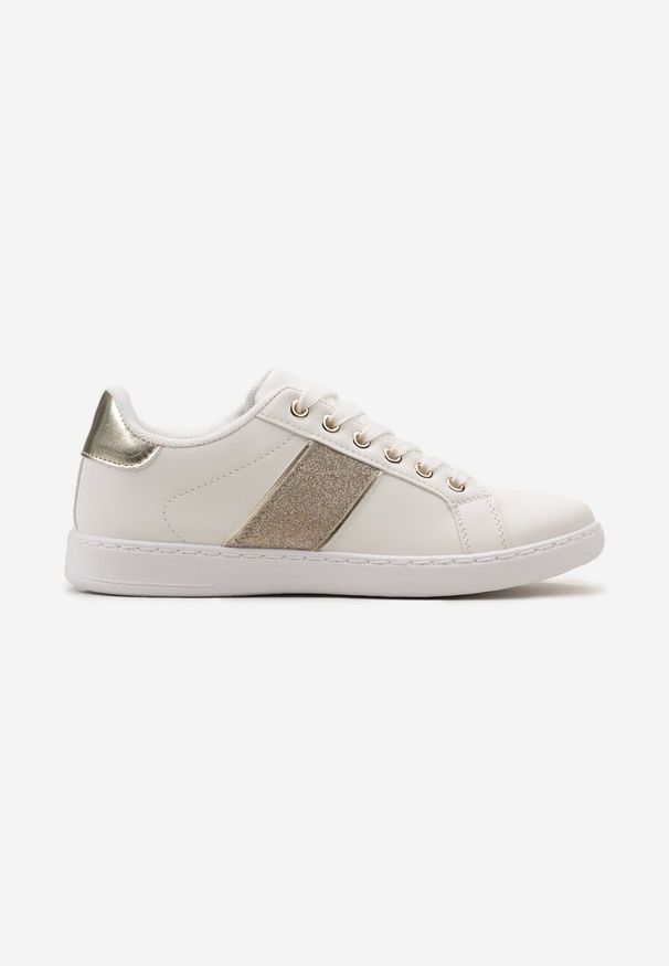 Renee - Biało-Złote Sneakersy Sznurowane Ozdobione Brokatem Vistasta. Nosek buta: okrągły. Zapięcie: sznurówki. Kolor: biały. Materiał: materiał. Wzór: aplikacja. Obcas: na obcasie. Wysokość obcasa: niski