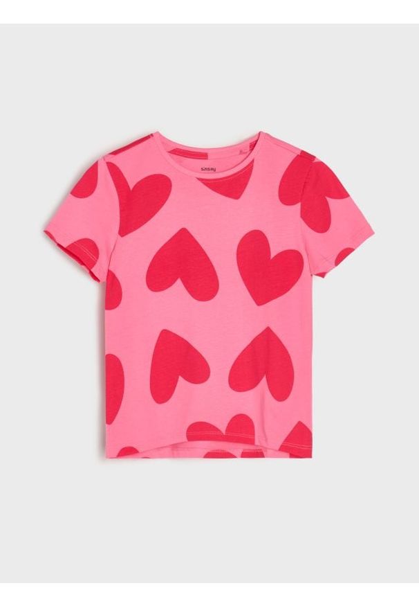 Sinsay - Bawełniana koszulka ze wzorem w serca - różowy. Kolor: różowy. Materiał: bawełna