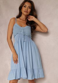 Renee - Niebieska Sukienka Palaera. Kolor: niebieski. Długość rękawa: na ramiączkach. Wzór: aplikacja. Styl: boho. Długość: mini #2