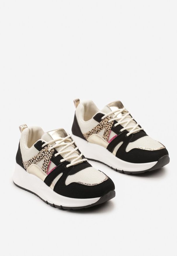 Renee - Czarno-Beżowe Sneakersy z Siateczkowymi i Metalicznymi Zdobieniami Detama. Nosek buta: okrągły. Zapięcie: sznurówki. Kolor: czarny. Wzór: aplikacja. Obcas: na obcasie. Wysokość obcasa: niski