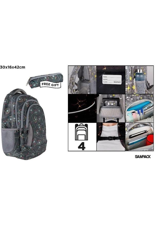 NoName - Plecak czterokomorowy 30x16x42cm + piórnik EDUKAMP