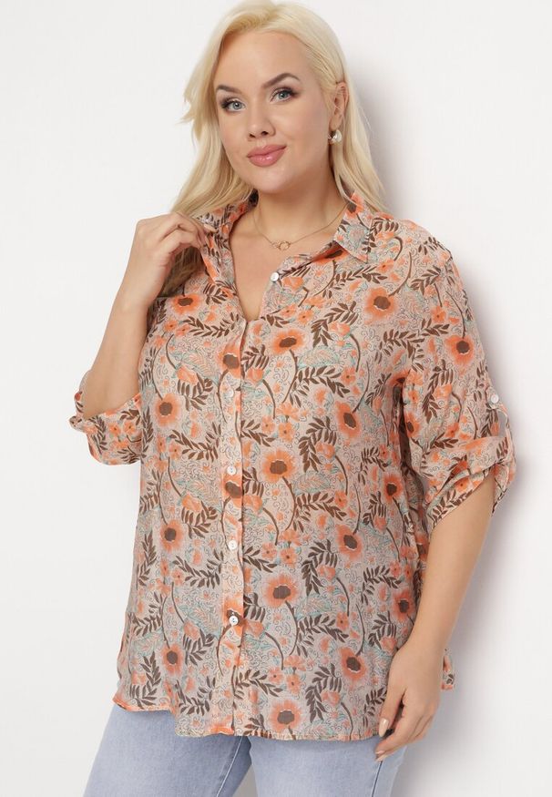 Born2be - Pomarańczowo-Beżowa Koszula w Kwiaty z Podpinanymi Rękawami 3/4 Rosedris. Kolor: pomarańczowy. Wzór: kwiaty