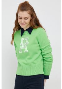 TOMMY HILFIGER - Tommy Hilfiger sweter damski kolor zielony. Kolor: zielony. Materiał: bawełna, dzianina. Długość rękawa: długi rękaw. Długość: długie #1