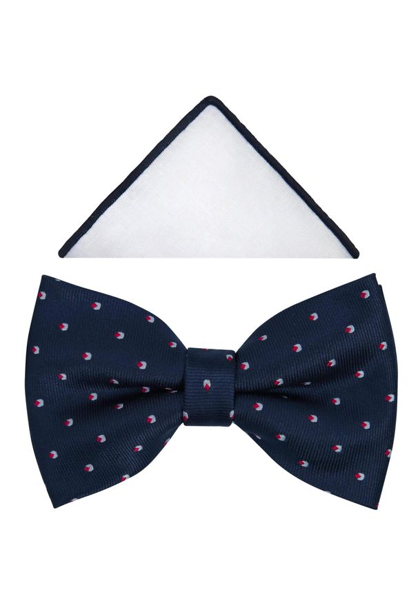 Modini - Granatowa mucha w biało-czerwone drobne kropki A356. Kolor: biały, wielokolorowy, czerwony, niebieski. Materiał: bawełna, poliester, tkanina. Wzór: kropki. Styl: elegancki