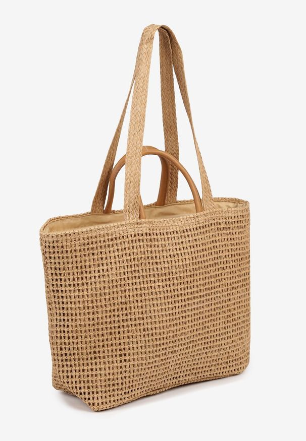 Born2be - Ciemnobeżowa Pleciona Torebka Shopper z Metaliczną Ozdobą Feleriona. Kolor: beżowy. Wzór: aplikacja. Sezon: lato. Styl: elegancki, casual
