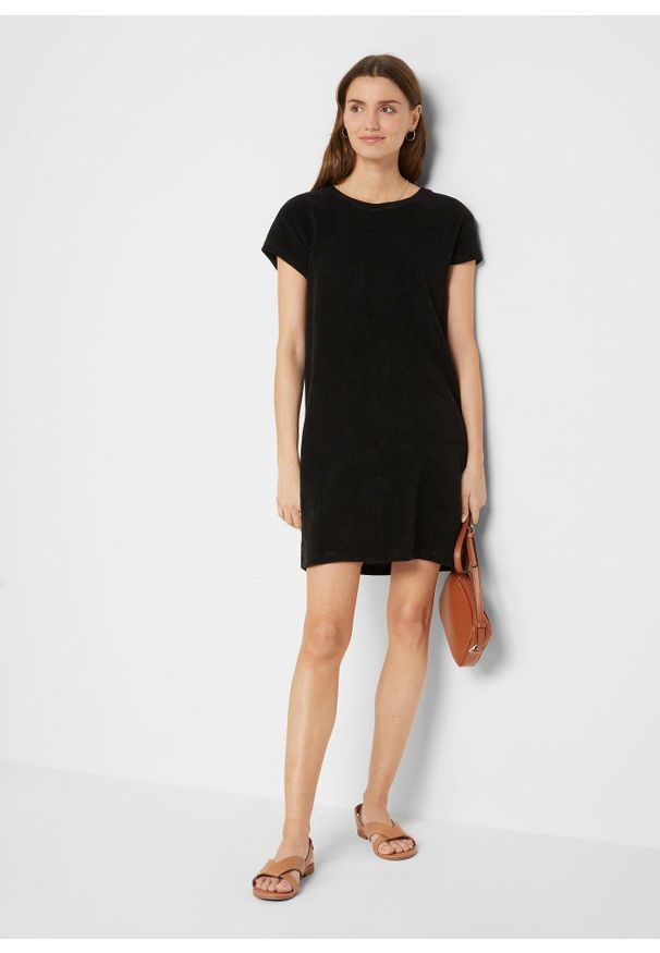 bonprix - Sukienka T-shirtowa z frotte. Kolor: czarny. Długość rękawa: krótki rękaw